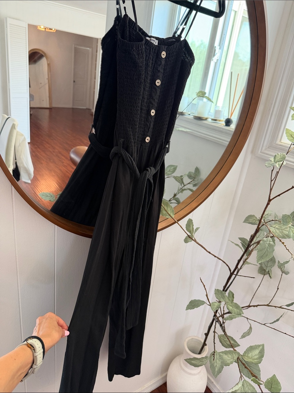 Ci Sono Black Smocked Button-Front Jumpsuit with Tie Waist